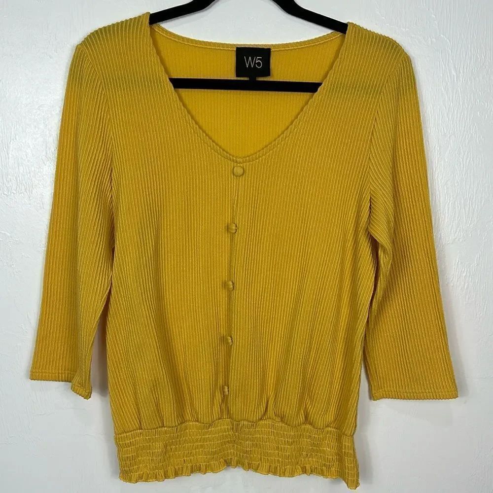 W5 Mustard Yellow 3/4 Sleeve V-neck Elastic Hem Top Size S
